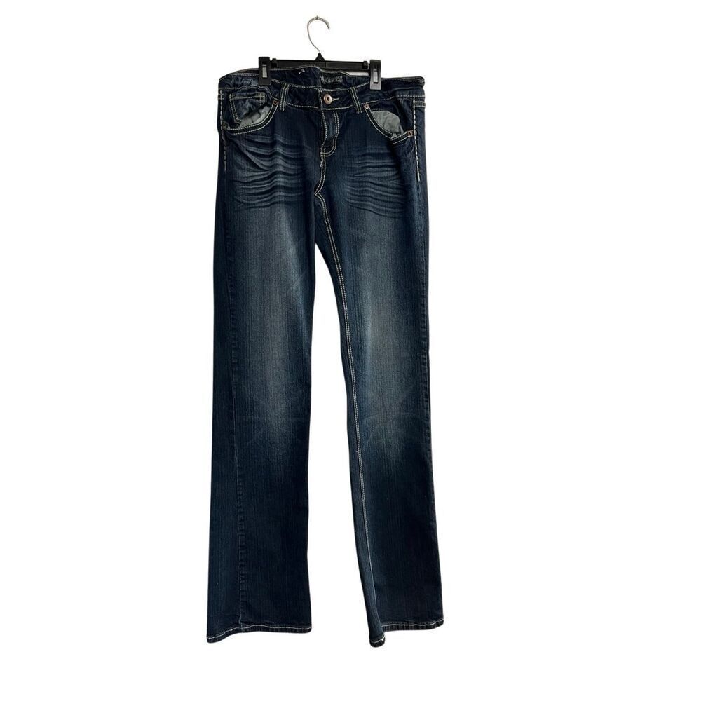 ROYAL BLUE Womens Juniors Long Jeans Blue Embroidered Topstitching Distressed